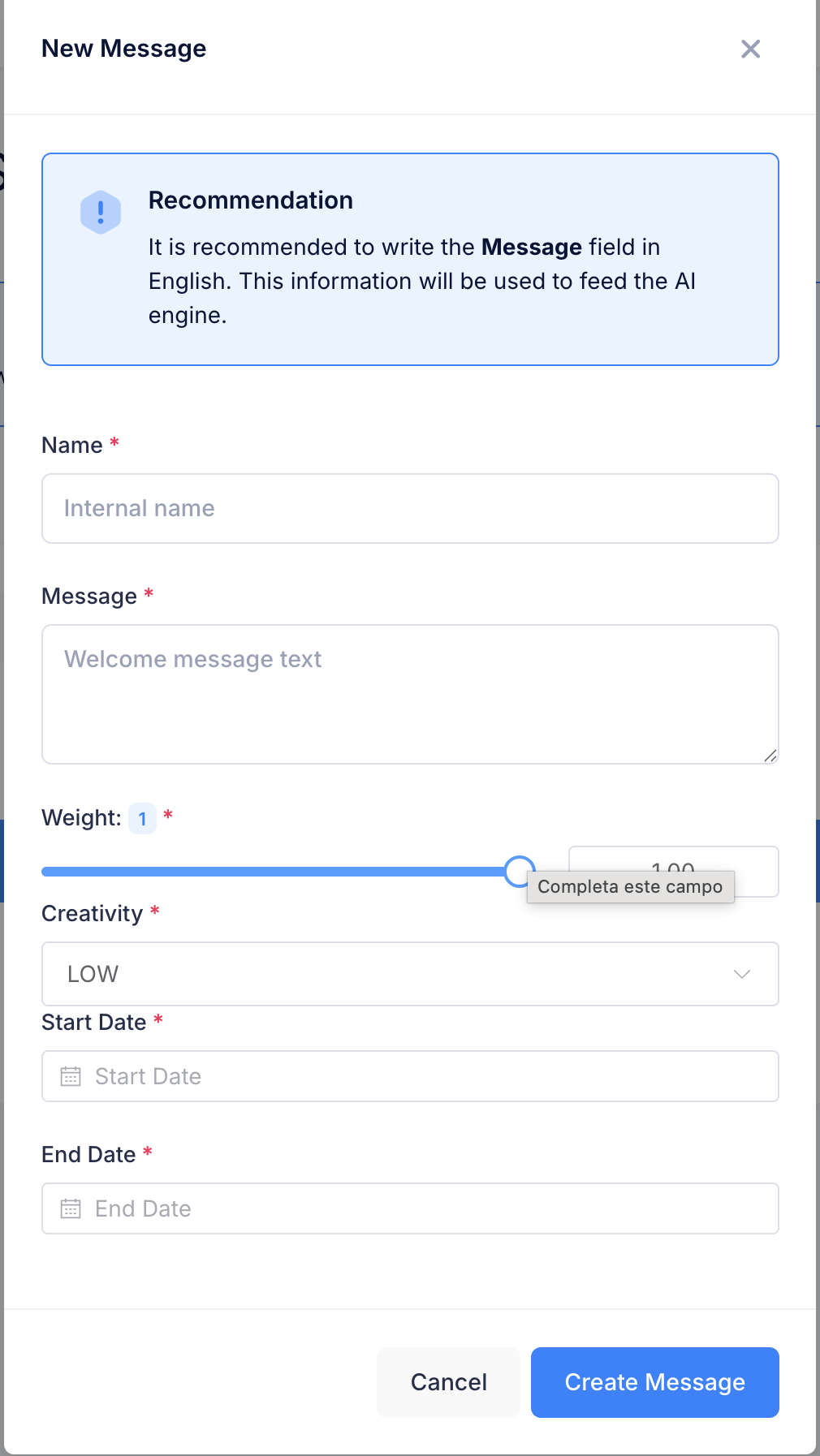 Create welcome message panel