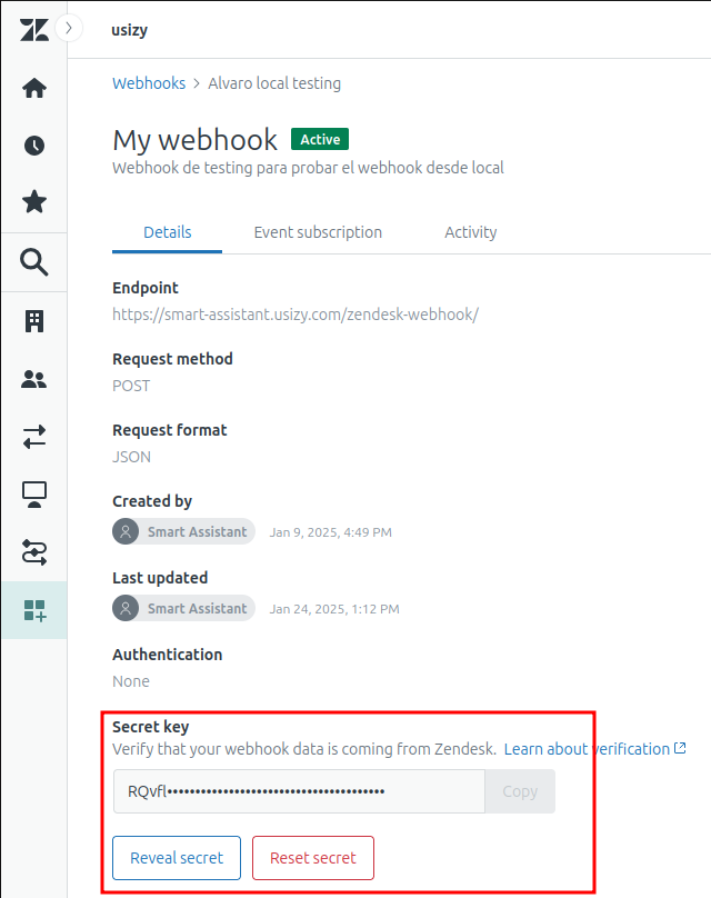 Zendesk webhook_secret